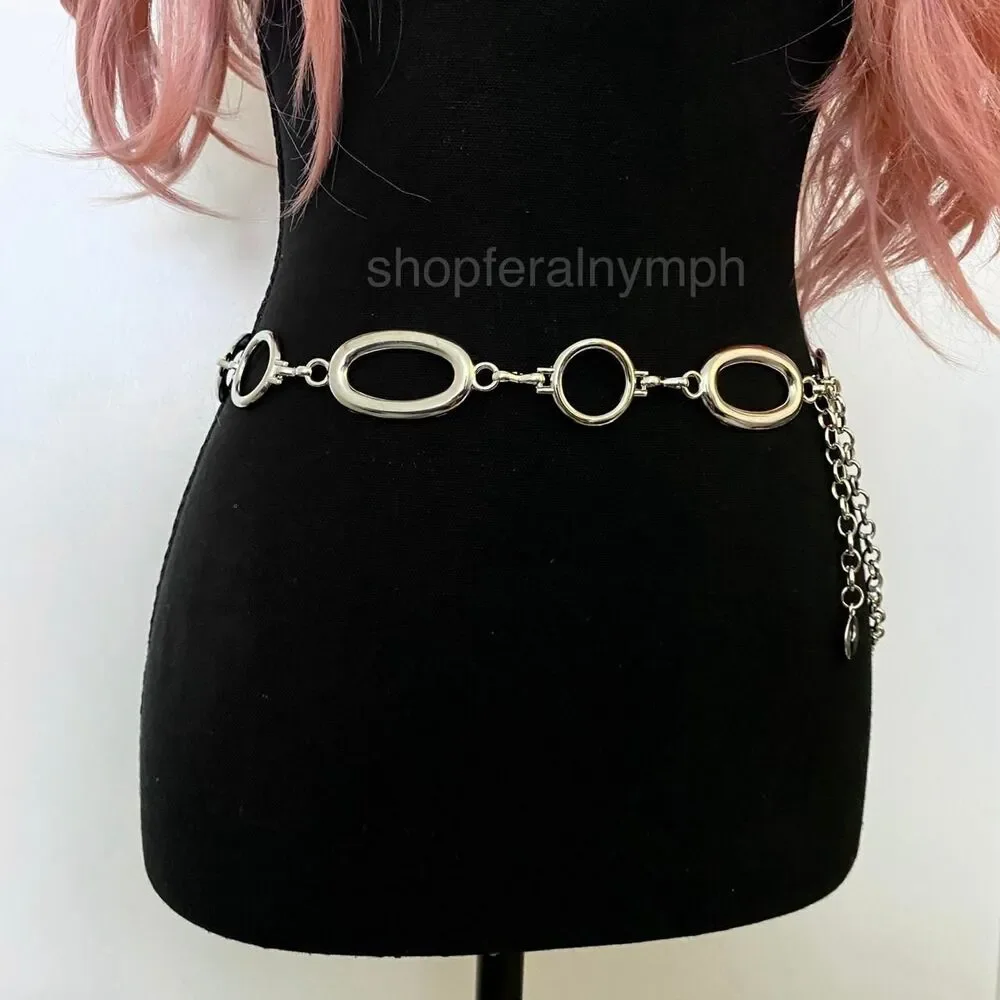 Silver Y2K Oval Open Ring Chain Belt, Fits 26-44 Inches, X7GA1286